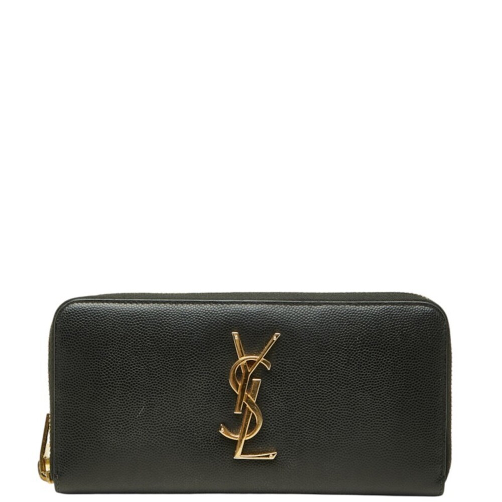 Saint Laurent YSL logo round zipper long wallet, black leather, women's.